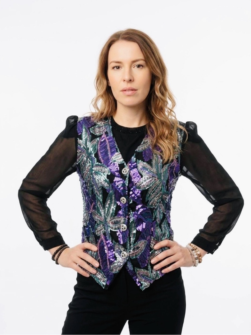 Vintage Metallic Floral Button-Front Women’s Top - Black & Purple